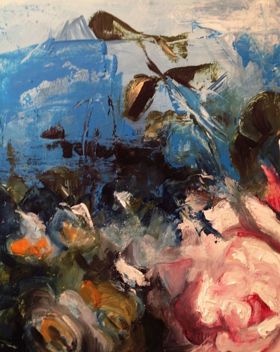 Flowers in blue room- Original oil painting- 32 x 47 cm (12' x 18')