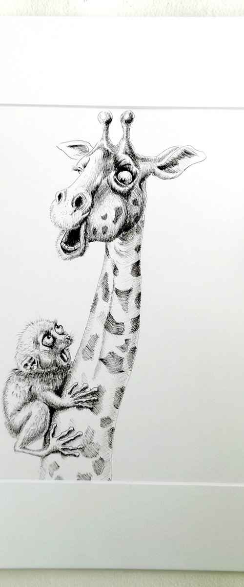 Giraffe and Tarsier - One-of-a-kind Art (with a white mat measuring 11x14 inches) by Olga Tchefranov (Shefranov)