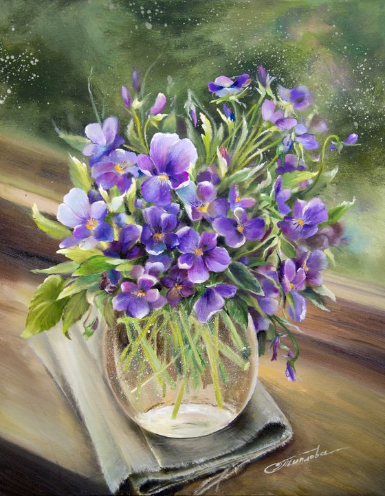 ''Pansies in glass vase'' Painting