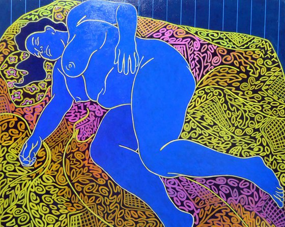 BLUE NUDE SLEEPS ON PATTERNED THROW