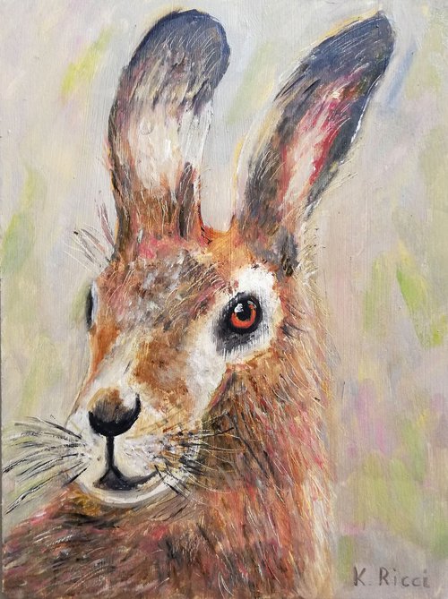 "Rabbit's Portrait" Original Oil Painting on Cardboard 7x9.5" (18x24cm) by Katia Ricci