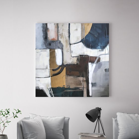 "Rampant" Abstract acrylic blue gray gold art