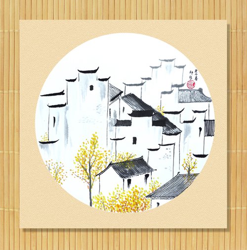 RAN ART - Chinese painting 38*38cm - Ancient Village by RAN HAO