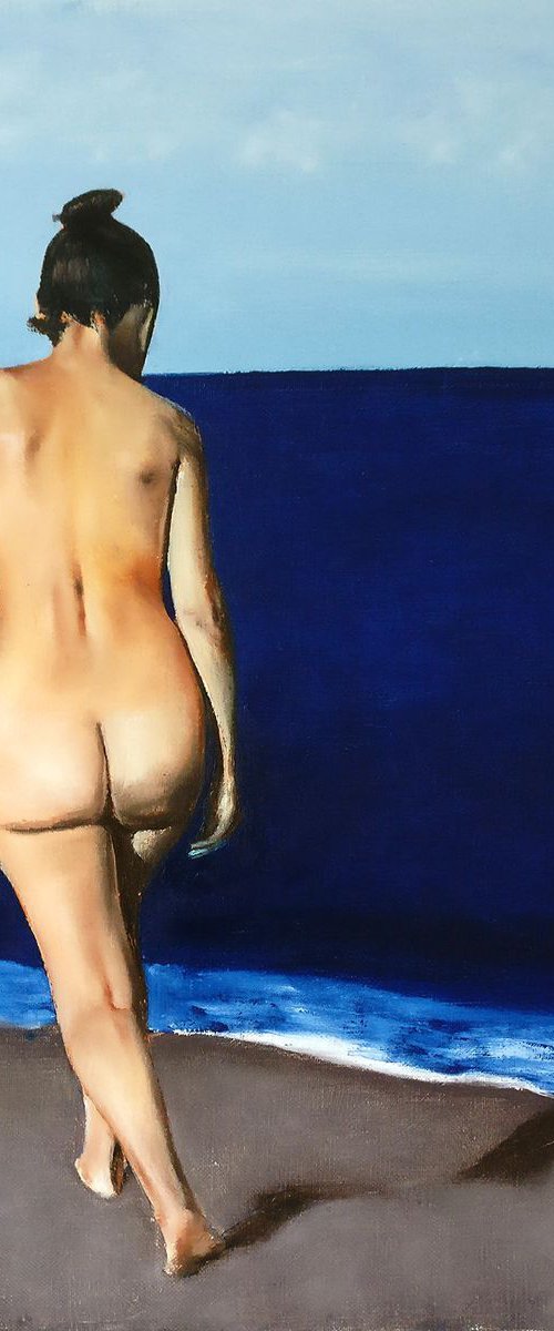 Sea of love - figurative painting of nude woman walking into the sea by Leonid Plekhanov