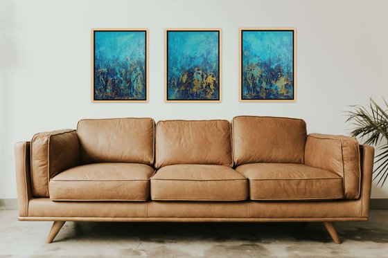 Large Blue and Gold Abstract Textured Painting. Modern Art on Canvas with Structures. Triptych