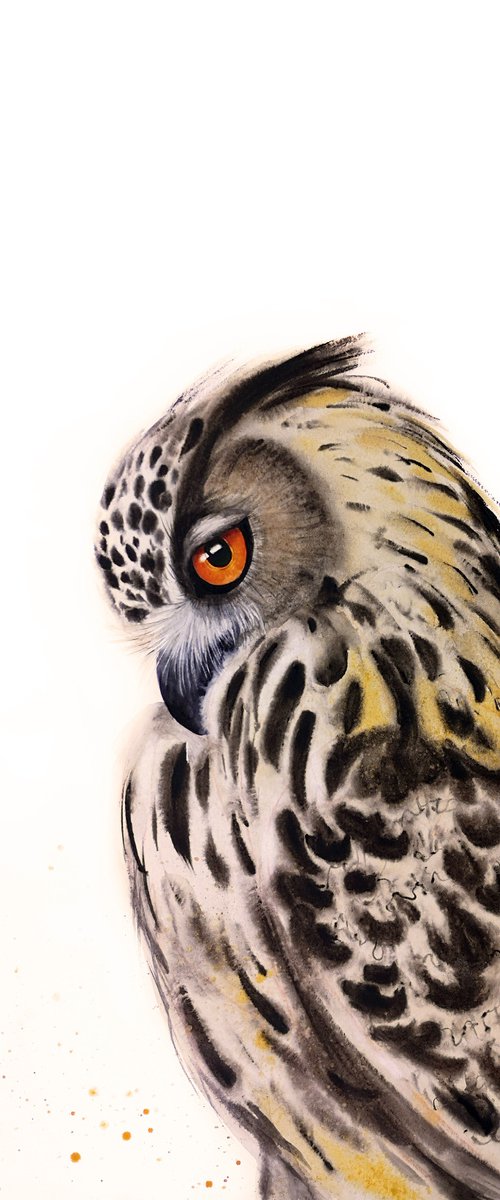 Great horned owl portrait by Olga Beliaeva Watercolour