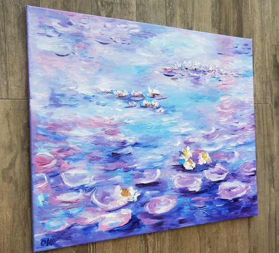 Water Lilies  (81x 66 cm ) inspired by Claude Monet  sunrise in a garden in purple, turquoise, blue sky