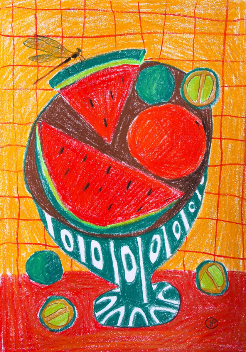 Impressionistic Still Life Pencil Drawing By Irina Plaksina, 12 X 17, The Sweet Smell Of Watermelon, Original Artwork