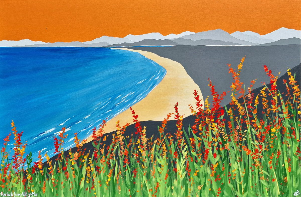 Organic Landscape Acrylic Painting By Sam Martin, 30 X 20", Harlech From Allt-Y-Mor, Wales, Original Artwork