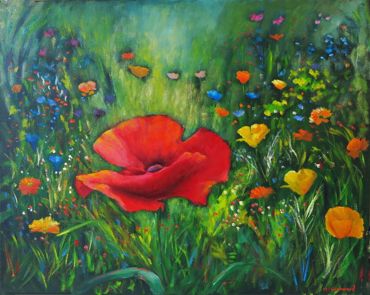 Impressionistic Botanical Oil Painting By Maureen Greenwood, 20 X 16", Poppies Galore, Original Artwork