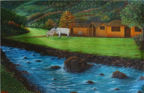 Village life - Landscape Oil Painting by Goutami Mishra