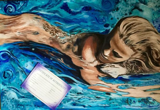 Song to the siren .Resting nude  in a blue water . Reflections on the water .