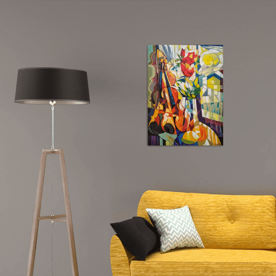 Still life with lemons and violin (60x80cm, cubism, oil painting, ready to hang)