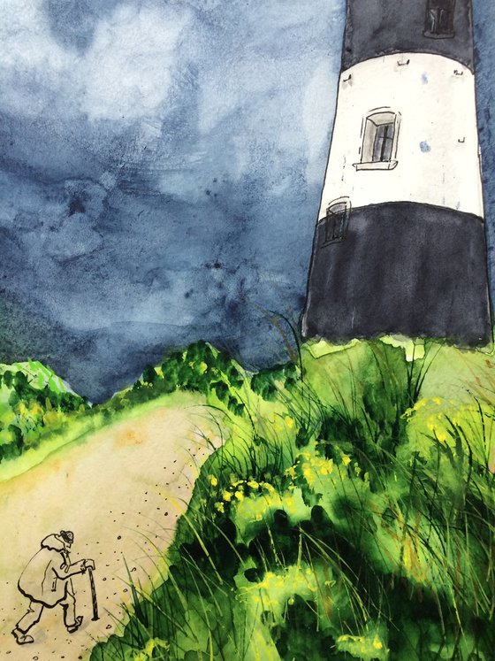 Landscape watercolor painting - Lighthouse and thunderstorm sky mixed media artwork - Gift idea for him     Gift idea