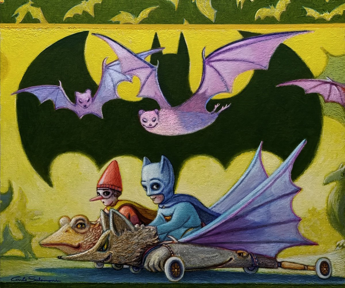 Illustrative Animal Acrylic Painting By Carlo Salomoni, 24 X 20, Batboy & Ropin, Original Artwork
