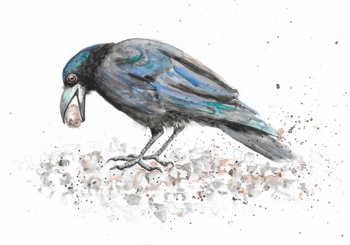 Crow with Pebble, original painting by MARJANSART