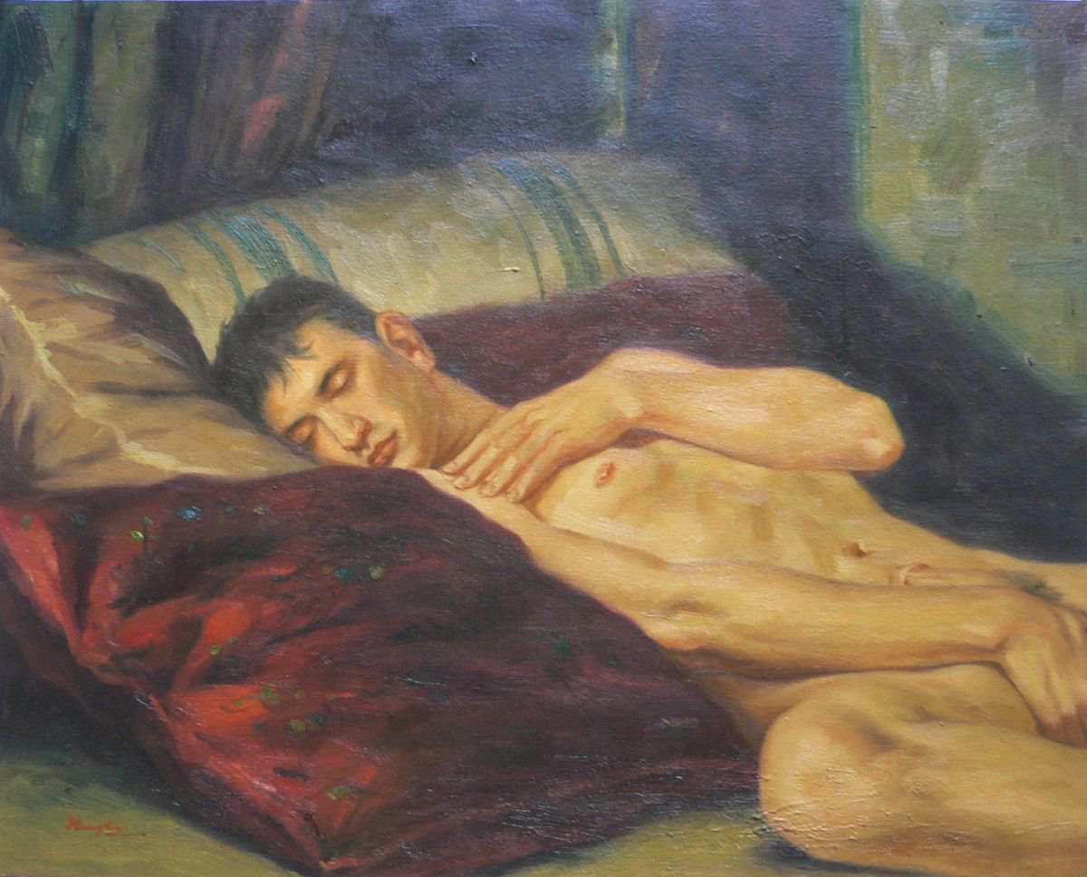 Sleeping Porn Gay - ORIGINAL OIL PAINTING GAY ARTWORK MALE NUDE SLEEPING ON BED ON  LINEN#16-7-10 Oil painting by Hongtao Huang | Artfinder