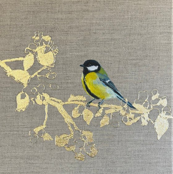 Great Tit On Gold Leaf Blossoms