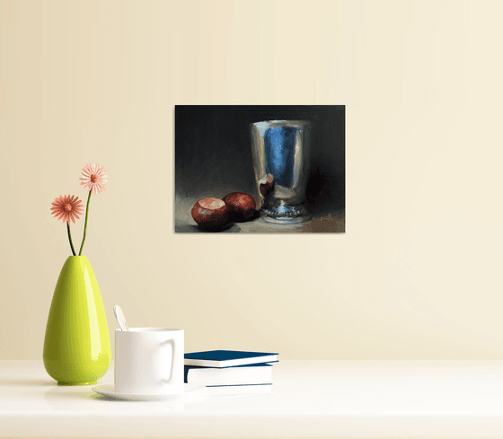 Original Oil Still Life Conkers with Antique Silver Goblet.