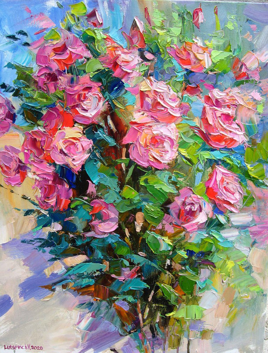 Impressionistic Botanical Oil Painting By Vladimir Lutsevich, 16 X 20", Bouquet Of Roses, Original Artwork