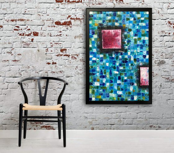 "Mosaic Squared" - Original Highly Textured PMS Abstract Oil Painting On Wood, Framed - 26" x 38"