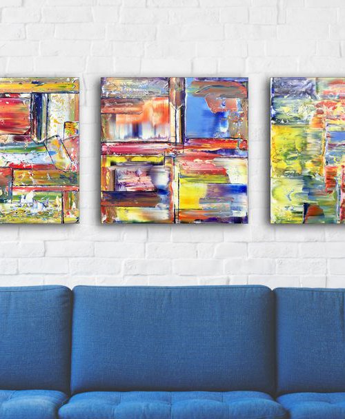 "Three's A Crowd" - FREE USA SHIPPING - Original Large PMS Abstract Triptych Oil Paintings On Canvas - 60" x 20" by Preston M. Smith (PMS)