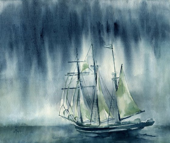 "The storm will die down" - Sea romantic watercolor landscape with a sailboat against the backdrop of a dramatic sky