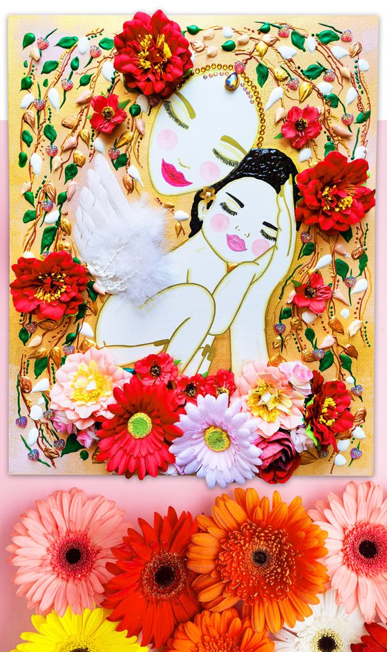 Love Mother Earth and angel baby girl. Summer floral woman with pink red gerbera flowers