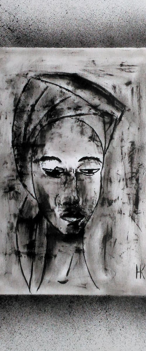 Woman portrait original oil monoprint on paper black monochrome art" In thoughts" by Halyna Kirichenko