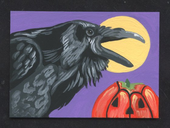 ACEO ATC Original Miniature Painting Halloween Crow Raven Pumpkin Art-Carla Smale