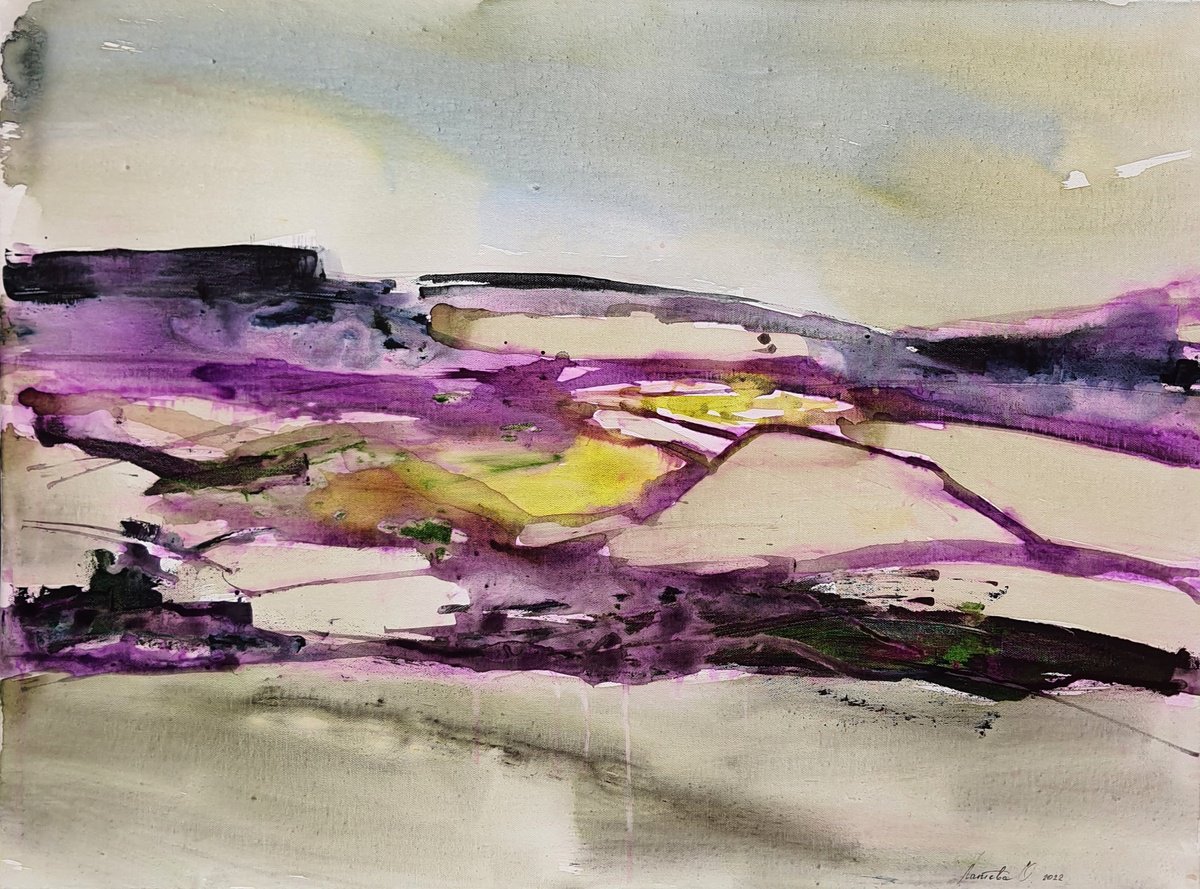 Abstract Acrylic Painting By Olha Laptieva, 32 X 24", Landscape In Scotland, Original Artwork