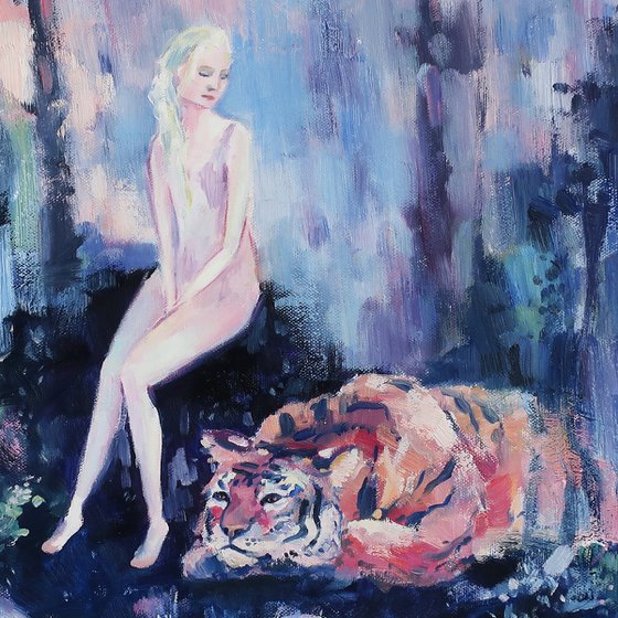 Oil painting Girl and tiger