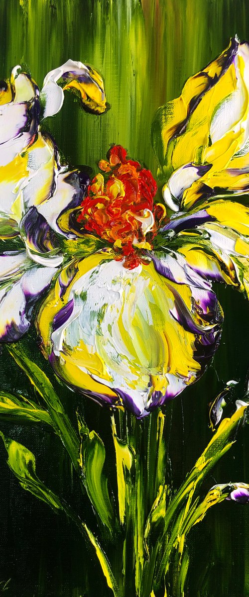 GREEN FANTASY - Iris bud. White flower. Flower composition. Green leaves. Warm summer. Water lily. Lotus. by Marina Skromova
