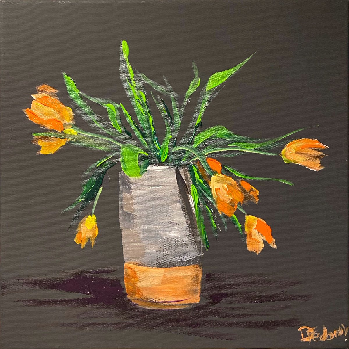 Impressionistic Botanical Acrylic Painting By Dmitry Fedorov, 16 X 16, Tulips In The Vase, Original Artwork