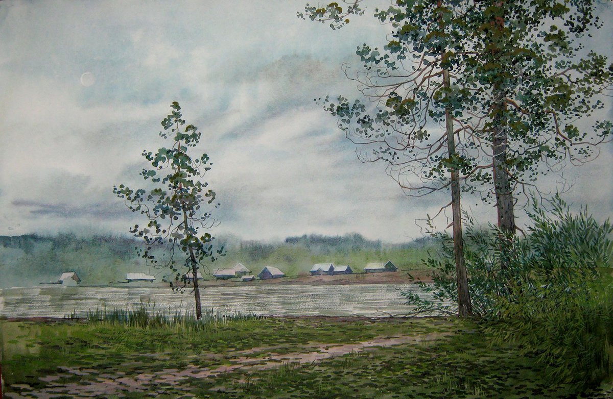 Impressionistic Landscape Watercolour By Valeriy Savenets-1, 24 X 16", Gloomy Day, Original Artwork