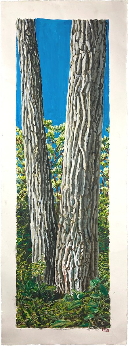 Expressive Landscape Oil Painting By Michael E. Voss, 17 X 49", Cottonwood Pair, Original Artwork