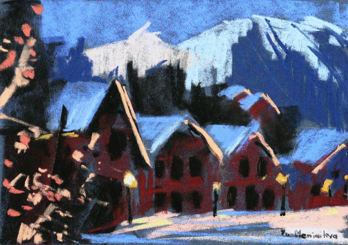 Switzerland pastel original painting 13x18. Christmas gift by Yuliia Meniailova