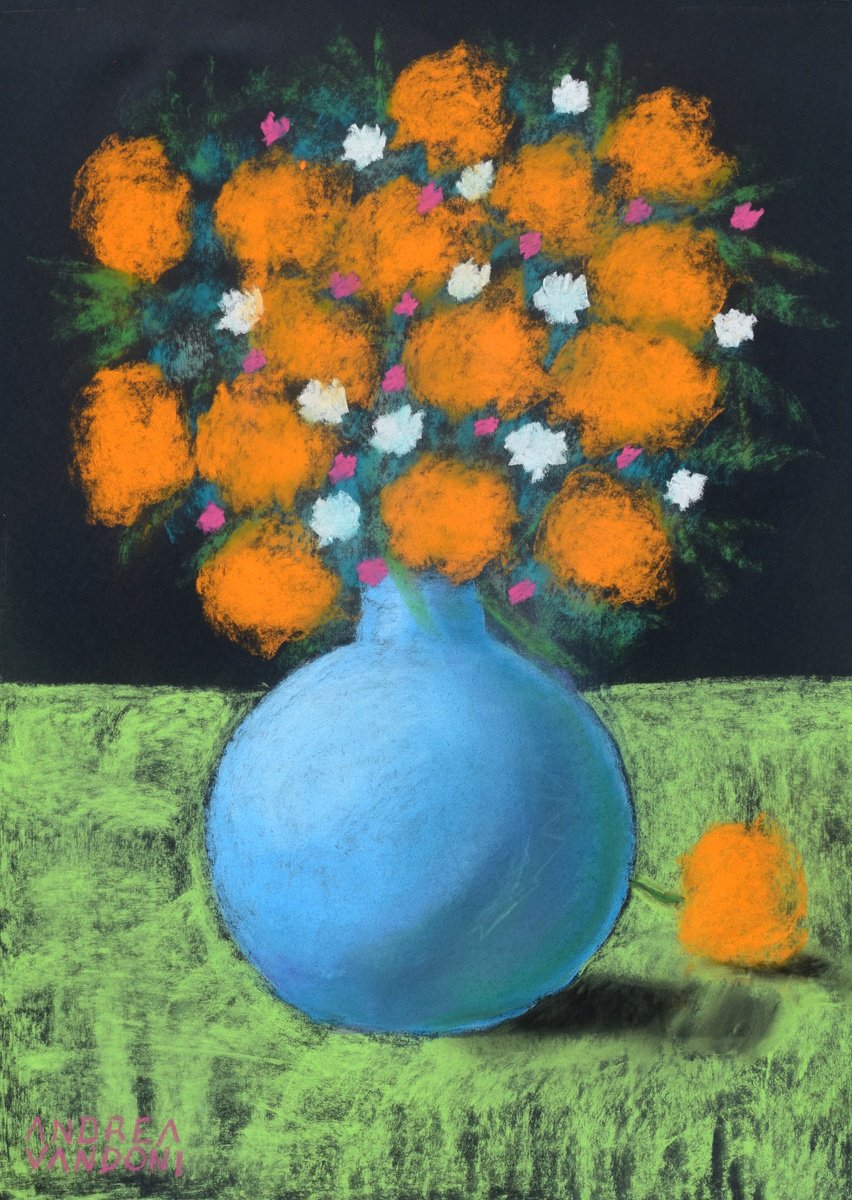 Impressionistic Botanical Pastel Drawing By Andrea Vandoni, 21 X 29, Vase Of Flowers - 3, Original Artwork