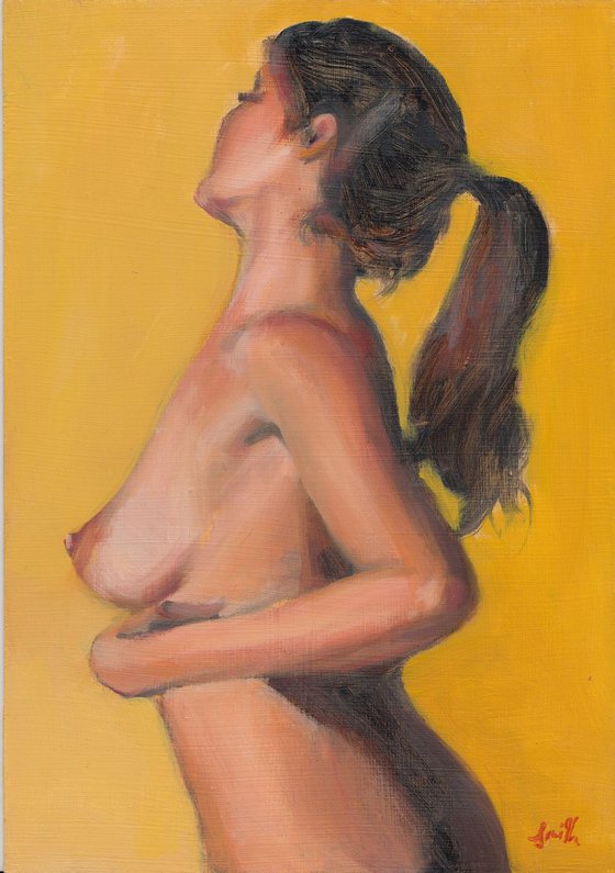 Classical Beauty; Ponytail. Nude oil painting.