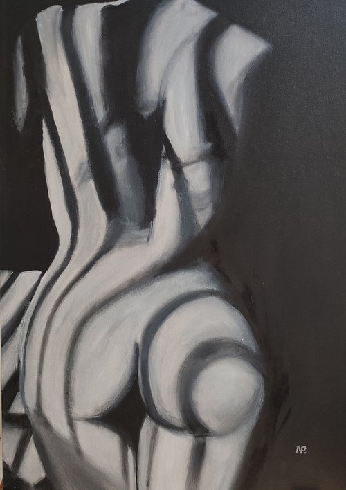 Shadows, original nude erotic oil painting, black and white art, gestural art by Nataliia Plakhotnyk