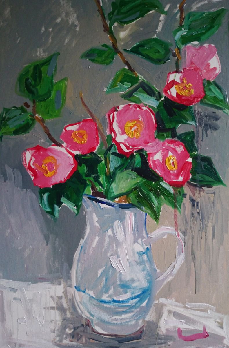 Camellia in the white jug by Lilia Orlova-Holmes