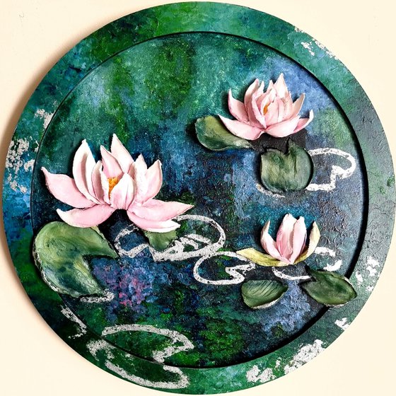 A Pond At Dawn with flowers. 3d relief pink water lilies. Inspired by Impressionist Monet