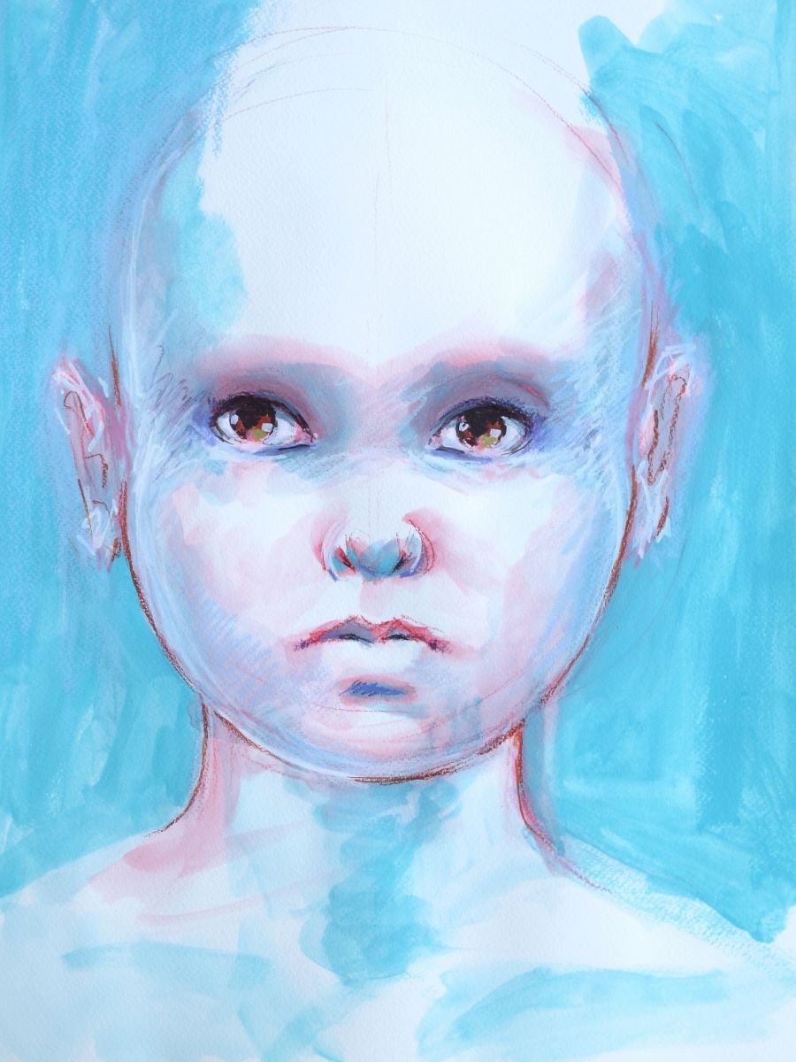 Blue baby - portrait of a child - mixed media painting on paper by Fabienne Monestier