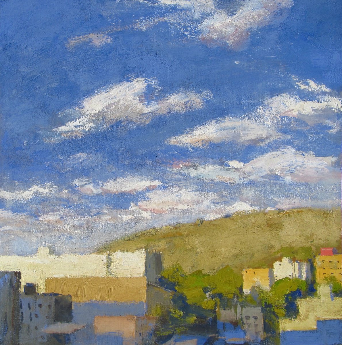 Impressionistic Landscape Painting By Bhargavkumar Kulkarni, 13 X 13, Evening Lights On Hill, Original Artwork