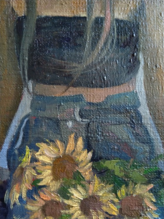 Girl with sunflowers, 58x58cm, oil/canvas