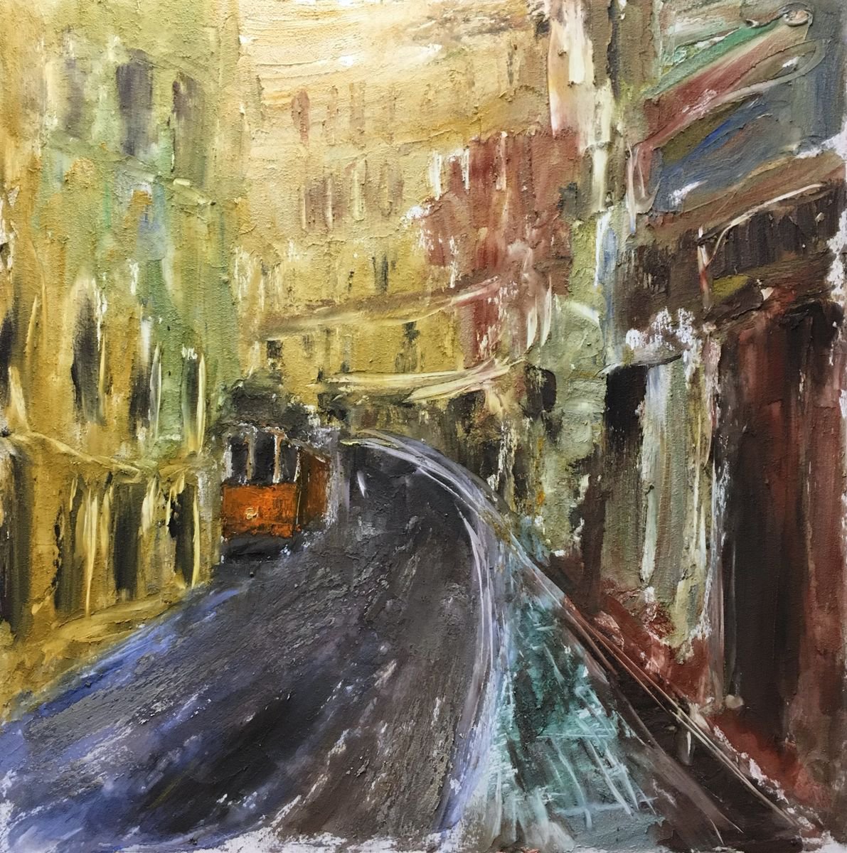 Yellow Tram Cityscape Painting,Original Art, Knife Palette by Leo Khomich