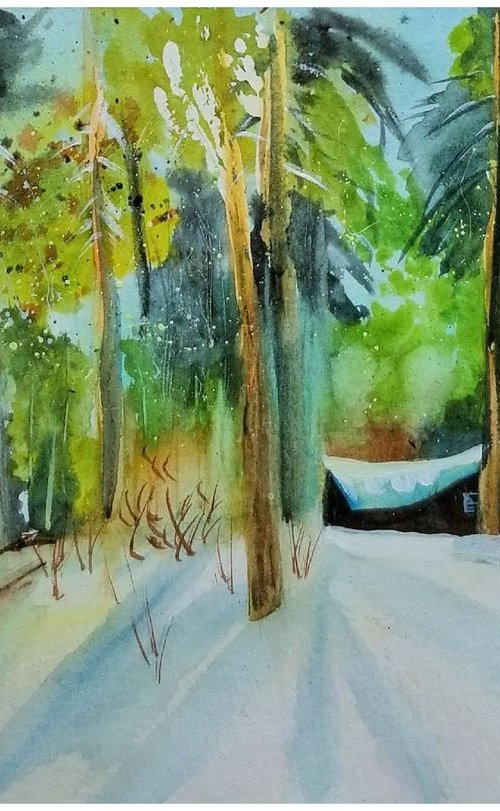 Winter Landscape #4. Original Watercolor Painting on Cold Press Paper 300 g/m or 140 lb/m. Landscape Painting. Wall Art. 7.5" x 11". 19 x 27.9 cm. Unframed and unmatted. by Alexandra Tomorskaya/Caramel Art Gallery