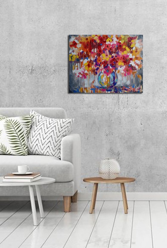 Flowers symphony - bouquet, flowers in vase, painting flowers, oil painting, flower, flowers painting original, oil painting floral,art, gift, home decor