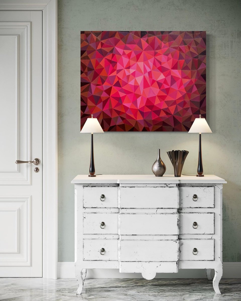 Geometric Abstract Acrylic Painting By Maria Tuzhilkina, 29 X 24", Red Ruby, Original Artwork