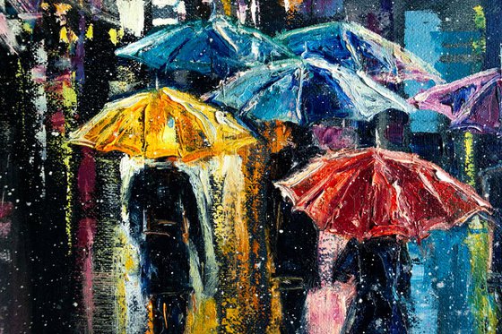 "Street of the night city" people with umbrella , original oil painting